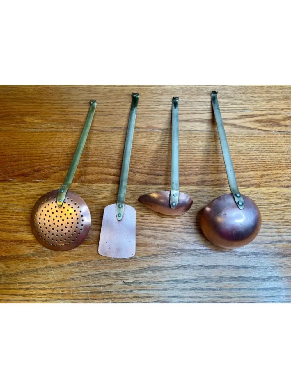 Vintage Copper & Brass Kitchen Utensils - Set Of 4 - Skimmer ,Spatula ,Small Lad